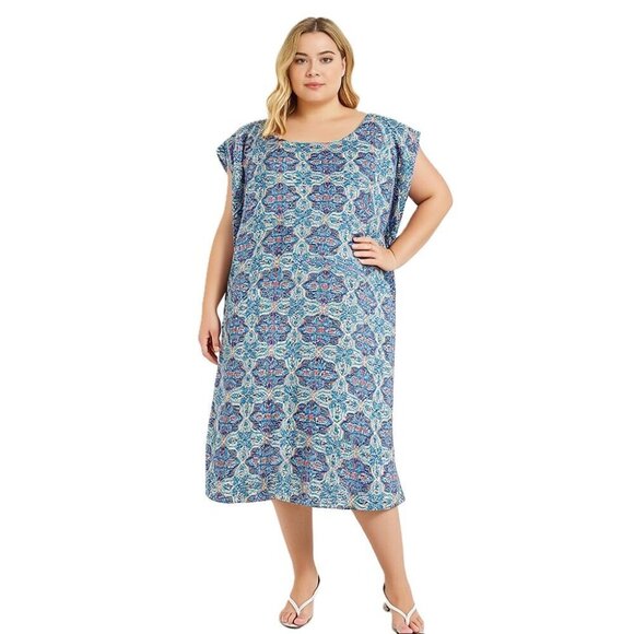 Jessica London Blue Ikat Linen Sheath Dress Plus Size | Empire Waist, Size 26W - Picture 1 of 13